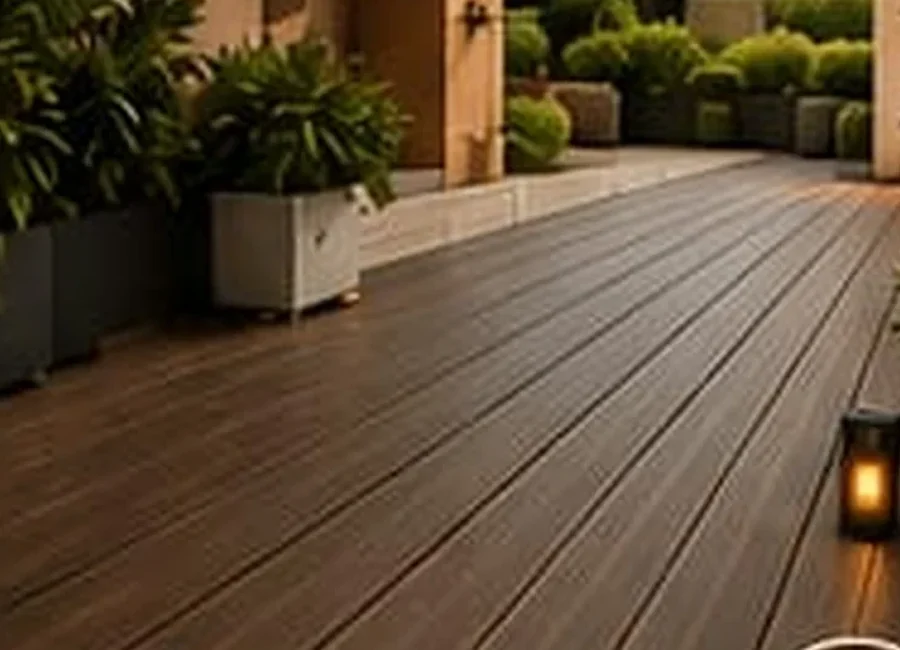 Aplikasi Decking sholid wood pada area luar ruang